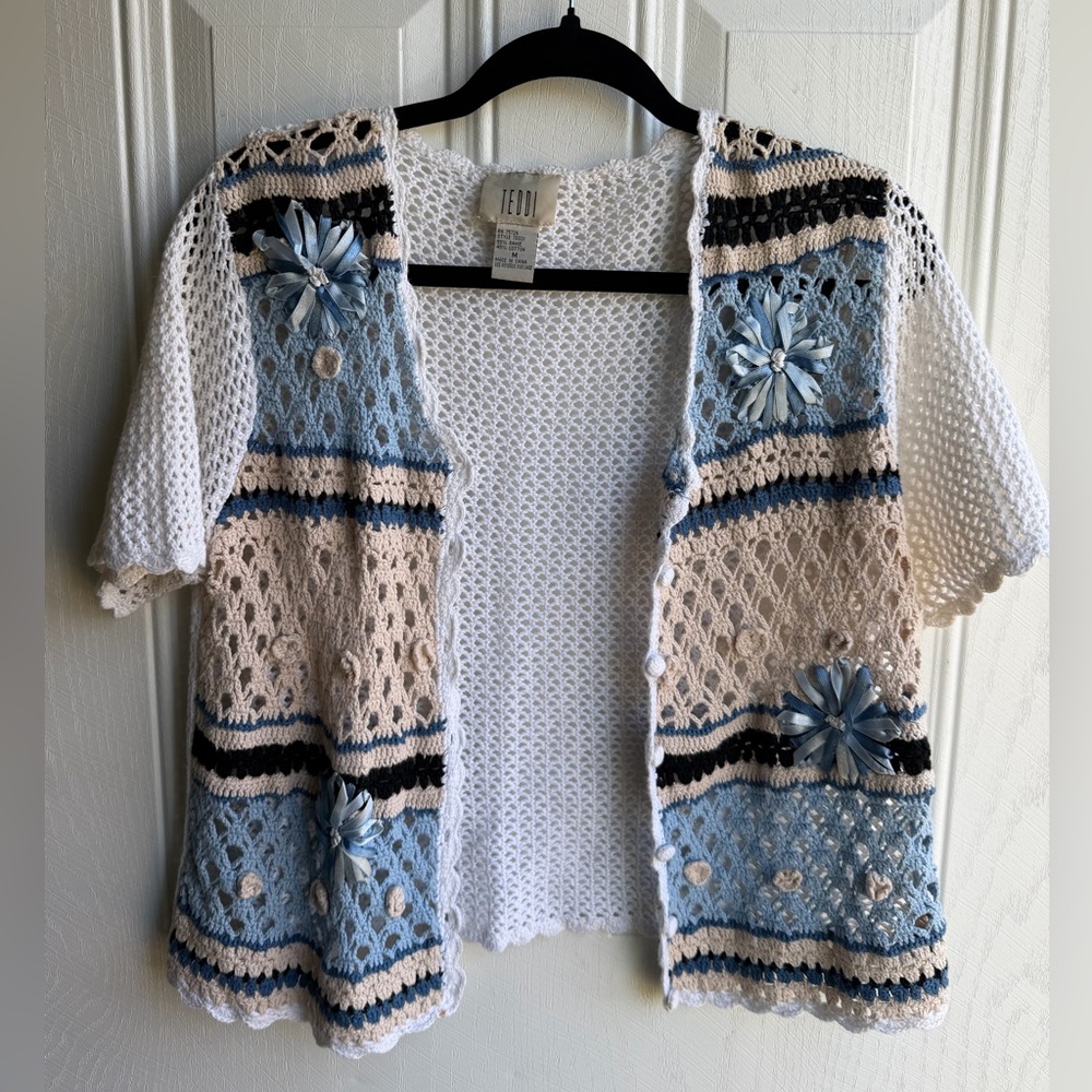 Teddi Cream, Light Blue and Black Crochet Openwork Cardigan Cottagecore Floral